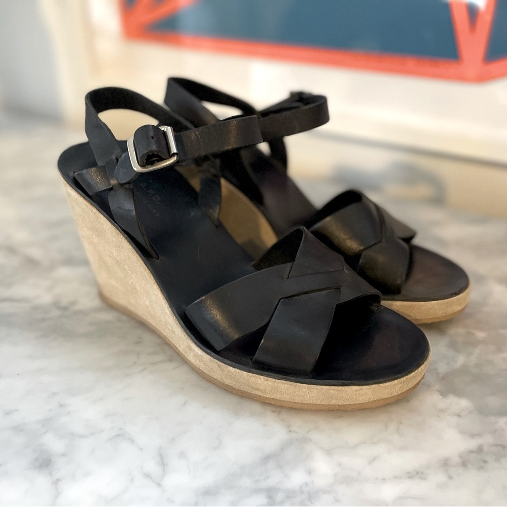 pre-owned  A.P.C. Juliette Leather Platform Wedge Sandal Black / Beige 39 / 9